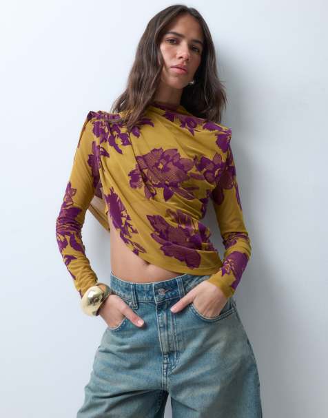ASOS DESIGN top de manga larga con devoré, hombreras y drapeado de flocado en morado y oliva - view 1