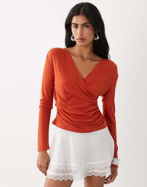 ASOS DESIGN - top de manga larga con drapeado y cruzado de punto ligero suave en rojo óxido - view 1
