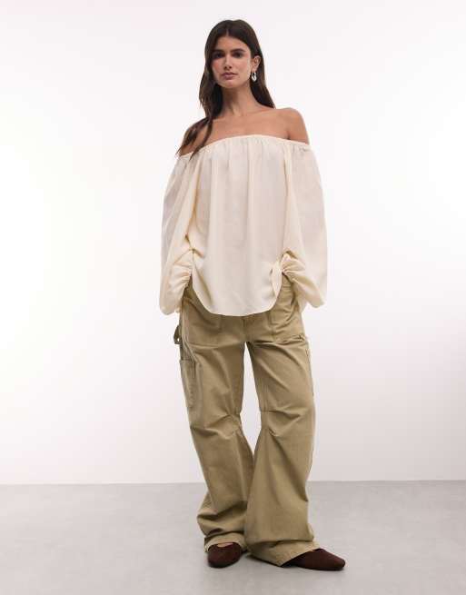ASOS DESIGN - Top de manga larga con hombros descubiertos en beige, parte de un conjunto, 2 de 4