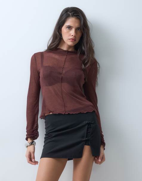 ASOS DESIGN top de manga larga de efecto punto con detalle de costuras en chocolate - view 1