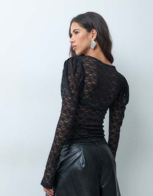 ASOS DESIGN top de manga larga de encaje transparente con mangas jamón en negro, 5 de 5