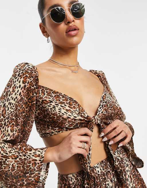 ASOS DESIGN - Top de plage d'ensemble noué devant à manches longues en fibres naturelles - Léopard