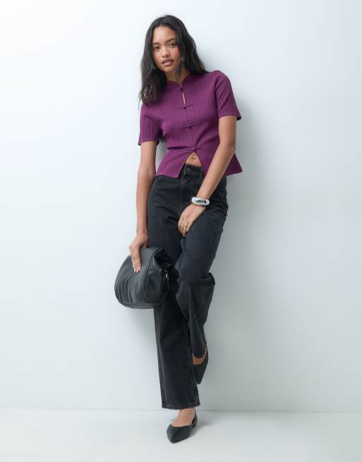 ASOS DESIGN top de punto acanalado con cuello mao en ciruela, 3 de 5