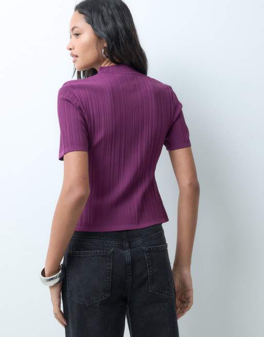 ASOS DESIGN top de punto acanalado con cuello mao en ciruela, 4 de 5