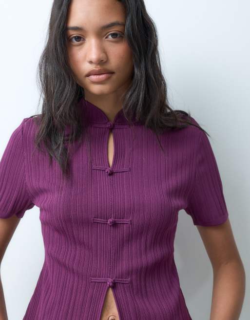 ASOS DESIGN top de punto acanalado con cuello mao en ciruela, 5 de 5