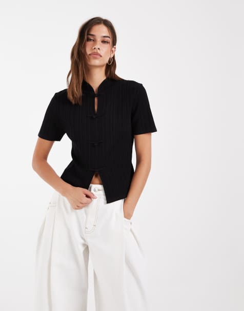 ASOS DESIGN - top de punto acanalado con cuello mao en negro - view 1