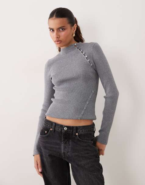 ASOS DESIGN top de punto acanalado con detalle de botones y manga larga en gris antracita - view 1