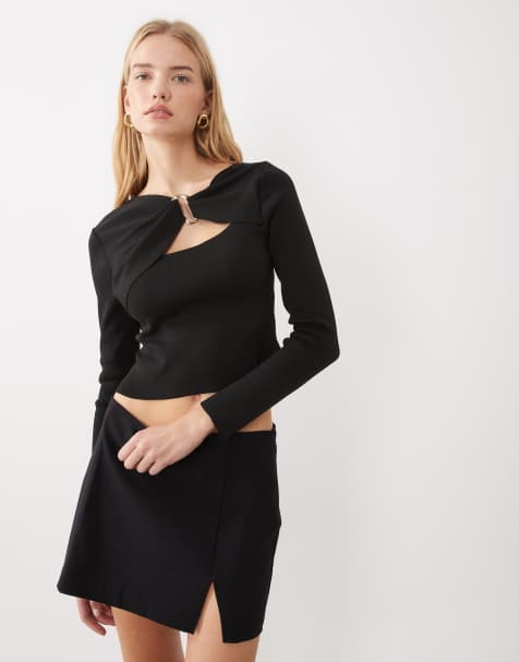 ASOS DESIGN top de punto compacto de manga larga con herrajes dorados en negro - view 1
