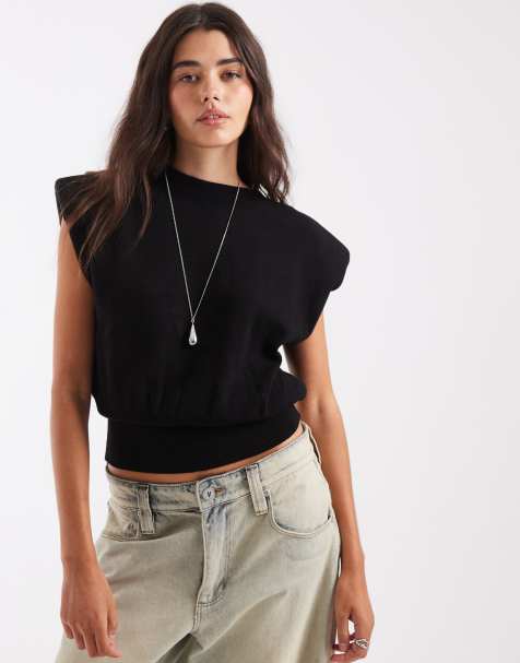 ASOS DESIGN - top de punto con hombreras en negro - view 1