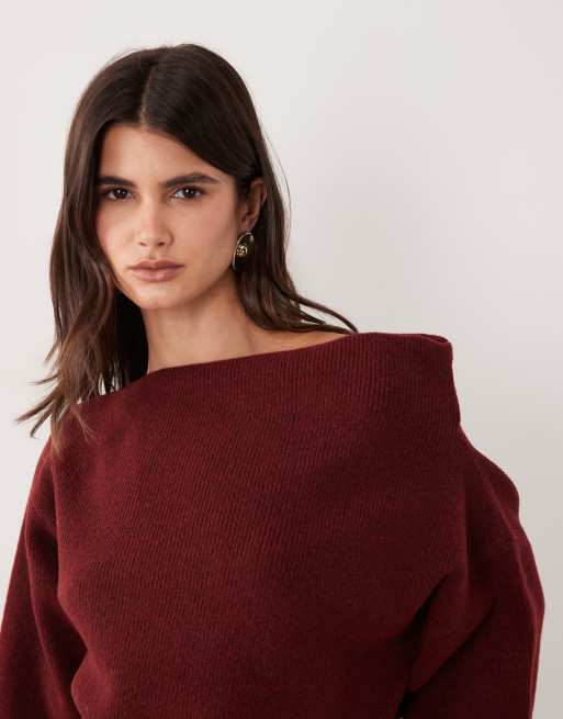 ASOS DESIGN - Top de punto con hombros descubiertos en burdeos, 2 de 4