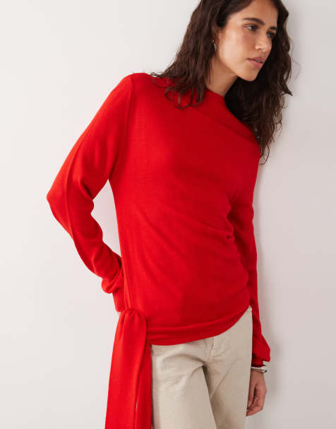 ASOS DESIGN - Top de punto con lazada lateral y cuello alzado en rojo - view 1