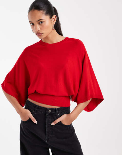ASOS DESIGN - Top de punto con manga murciélago y cintura entallada en rojo - view 1