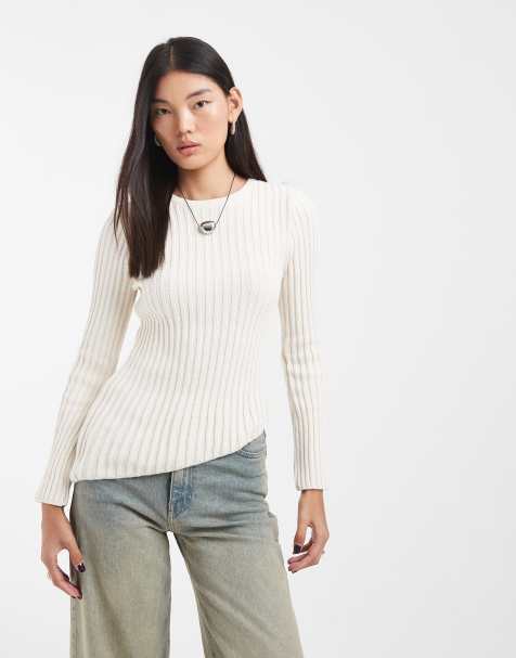 ASOS DESIGN - top de punto de manga larga acanalado con bajo asimétrico en crudo - view 1