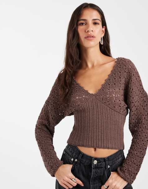ASOS DESIGN - top de punto de manga larga con escote pronunciado y cintura ajustada en marrón mocha - view 1