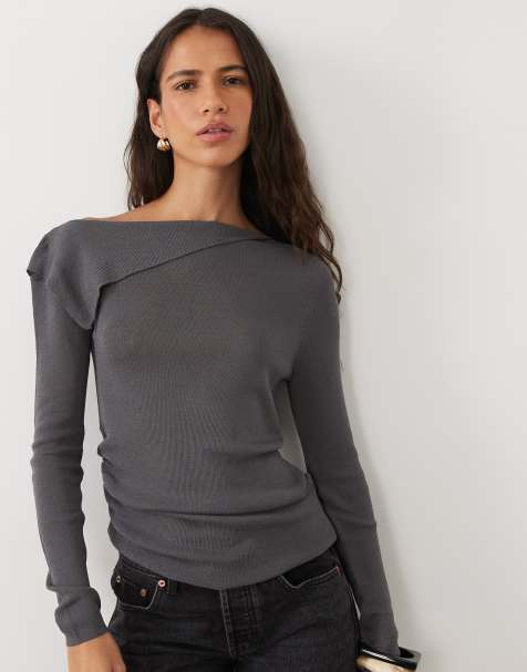 ASOS DESIGN - top de punto fino con hombros descubiertos y fruncido en gris - view 1
