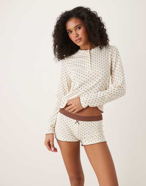 ASOS DESIGN - Top de pyjama à pois avec manches longues à assortir - Crème et marron - view 1