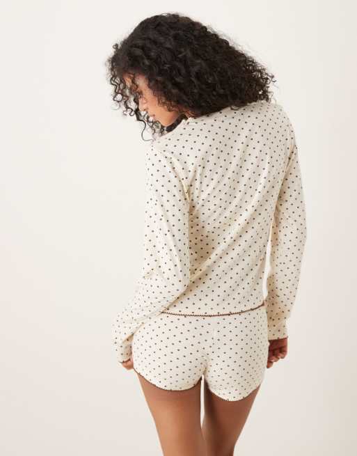 ASOS DESIGN - Top de pyjama à pois avec manches longues à assortir - Crème et marron, 3 de 4