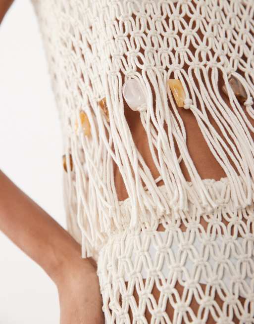 ASOS DESIGN - Top de qualité supérieure en maille crochetée à la main avec franges et perles - Blanc, 3 de 4