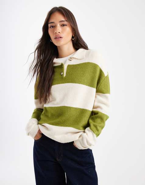 ASOS DESIGN - Top de rugby en maille à rayures - Olive - view 1