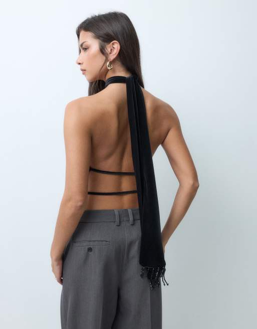 ASOS DESIGN top de terciopelo con flecos, cuello halter y abertura, negro, 2 de 5