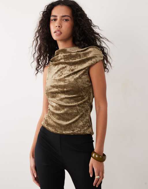ASOS DESIGN top de terciopelo y malla con cuello alto y espalda drapeada en verde oliva, 2 de 4