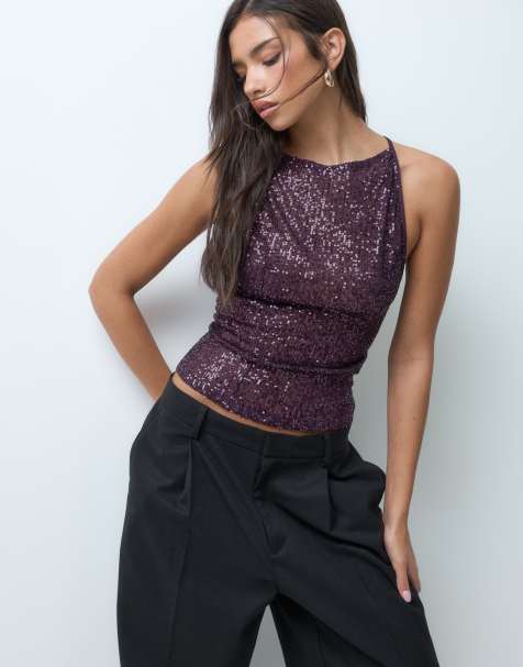 ASOS DESIGN top de tirantes de lentejuelas con cuello alto y espalda al aire en morado - view 1
