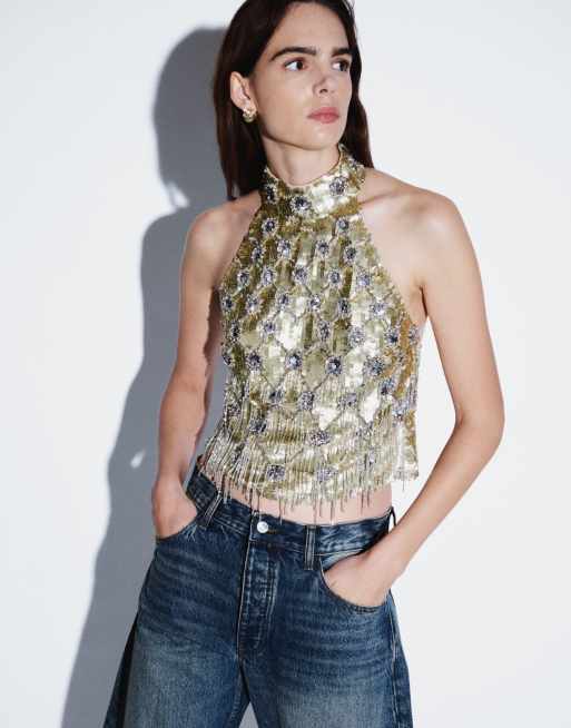 ASOS DESIGN top de un conjunto con flecos y lentejuelas, cuello halter, dorado, 2 de 8