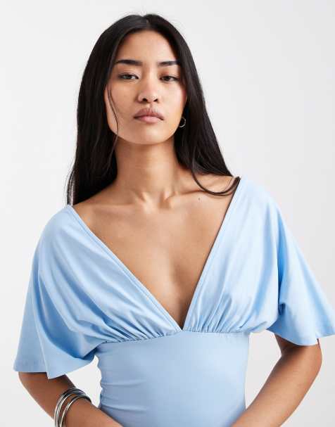 ASOS DESIGN - Top décolleté sans manches en polyamide avec taille cintrée et détail noué au dos - Bleu - view 1