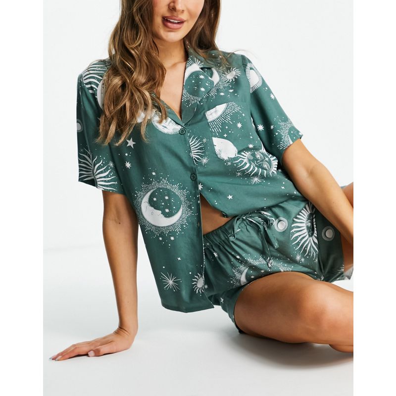 DESIGN - Top del pigiama color salvia 100% modal MIX & MATCH con stampa con motivo astrologia