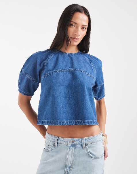 ASOS DESIGN top denimowy smock z rękawami raglanowymi i kokonowymi w średnim odcieniu niebieskiego, część zestawu - view 1