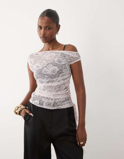 ASOS DESIGN - Top d'ensemble à épaules dénudées en dentelle effet color block - Rose/marron - view 1