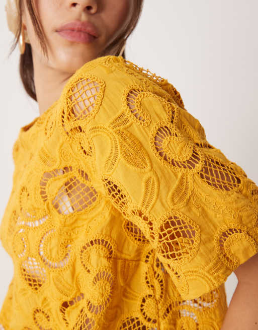 ASOS DESIGN - Top d'ensemble à fleurs ajourées - Ocre, 4 de 4