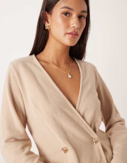 ASOS DESIGN - Top d'ensemble à manches longues doux au toucher à boutons - Taupe clair