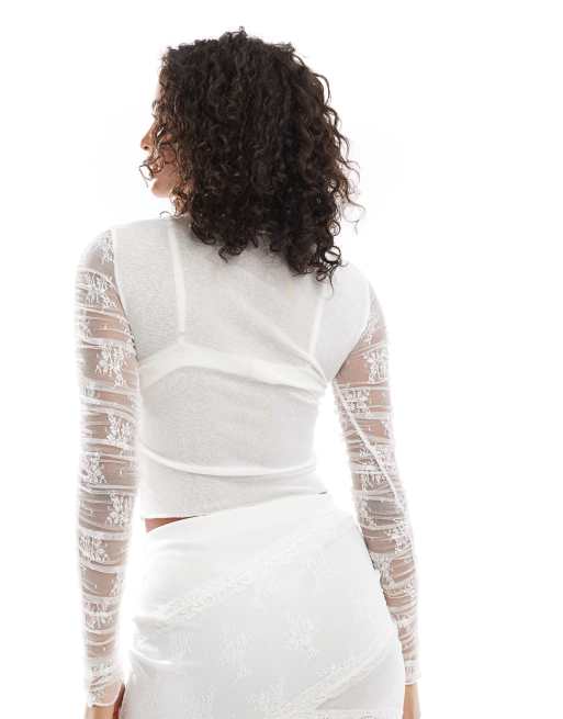 ASOS DESIGN - Top d'ensemble à manches longues en dentelle et tulle - Blanc, 4 de 4