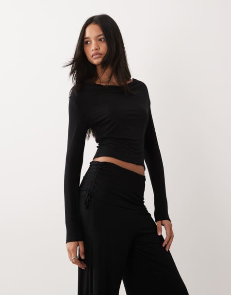 ASOS DESIGN - Top d'ensemble à manches longues et encolure bénitier - Noir - view 1