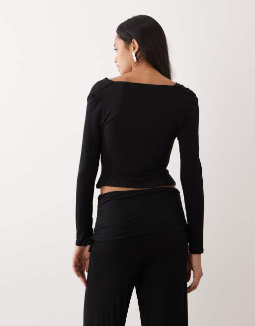 ASOS DESIGN - Top d'ensemble à manches longues et encolure bénitier - Noir, 3 de 4