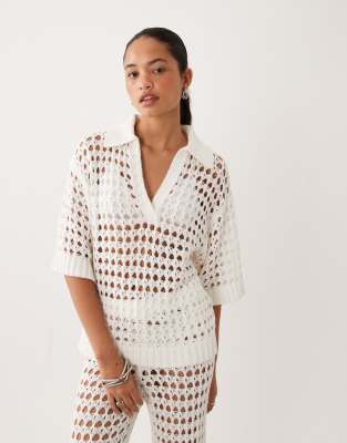 Top d'ensemble avec manches courtes et col au crochet - Crème-Blanc M