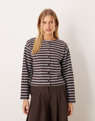 Top d'ensemble boutonné à manches longues en maille à rayures effet brossé - Bleu XS