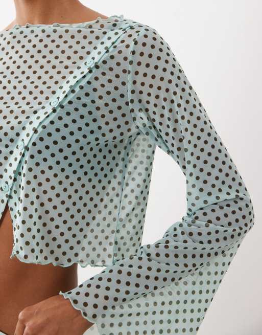 ASOS DESIGN - Top d'ensemble boutonné en tulle à pois avec manches ange - Bleu, 3 de 4