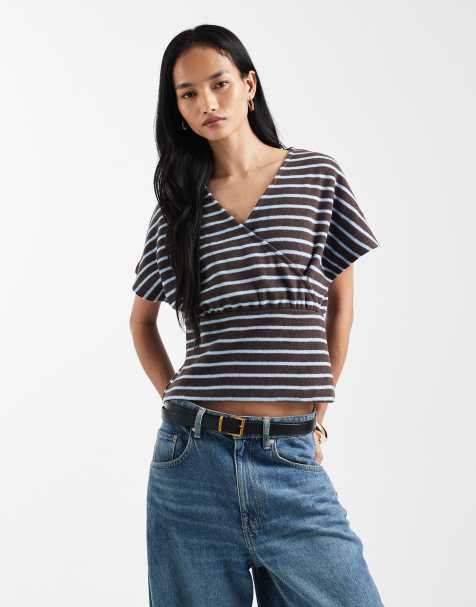 ASOS DESIGN - Top d'ensemble cache-cœur cintré à rayures avec manches courtes - view 1