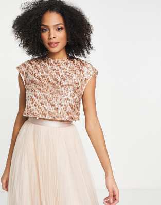 ASOS DESIGN - Top d'ensemble de demoiselle d'honneur à sequins avec ruban noué dans le dos - Champagne | ASOS