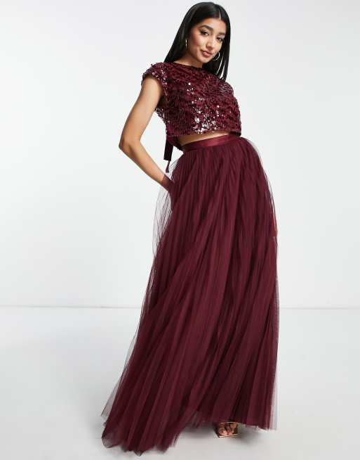 ASOS DESIGN - Top d'ensemble de demoiselle d'honneur à sequins avec ruban noué dans le dos - Lie-de-vin, 3 de 4