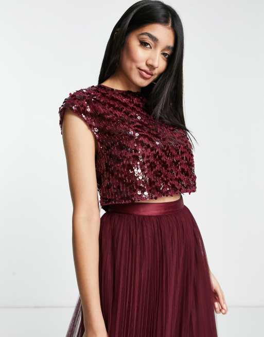 ASOS DESIGN - Top d'ensemble de demoiselle d'honneur à sequins avec ruban noué dans le dos - Lie-de-vin, 4 de 4