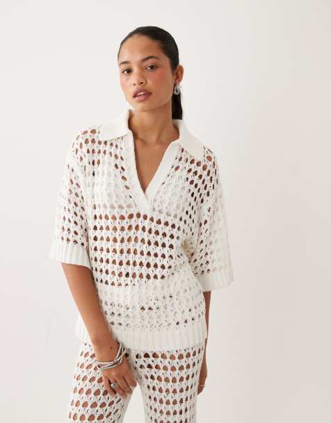 ASOS DESIGN - Top d'ensemble de plage en crochet à manches courtes et col - Crème - view 1