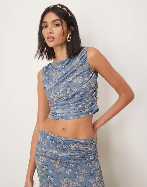 ASOS DESIGN - Top d'ensemble dos nu drapé et froncé à fleurs - Bleu - view 1