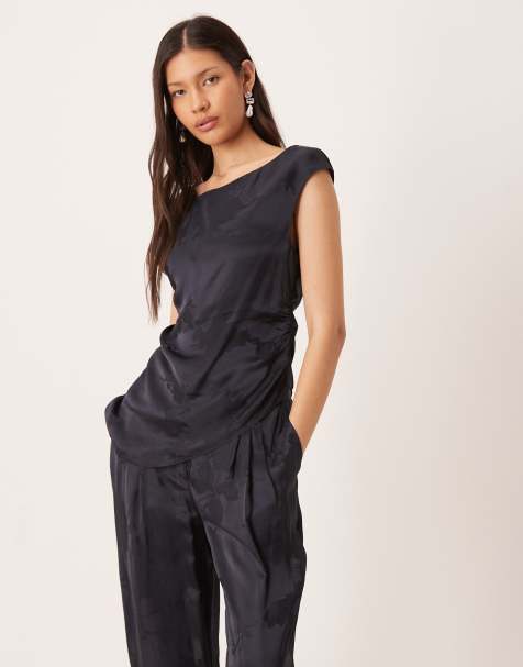 ASOS DESIGN - Top d'ensemble élégant en jacquard satiné à fronces - Bleu marine - view 1