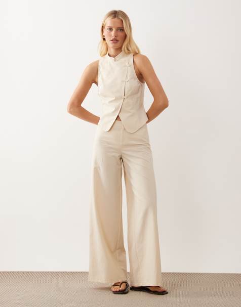 ASOS DESIGN - Top d'ensemble en lin mélangé avec col Mao et détail noué - Ivoire - view 1