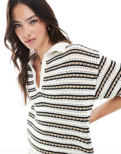 ASOS DESIGN - Top d'ensemble en maille à col polo - Noir et blanc rayé, 2 de 4