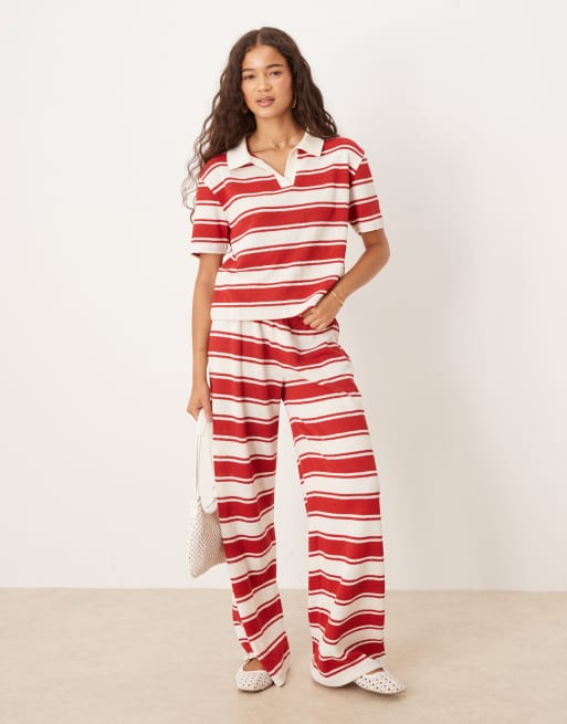 ASOS DESIGN - Top d'ensemble en maille rayée avec manches courtes et col façon maillot de rugby - Rouge, 2 de 4