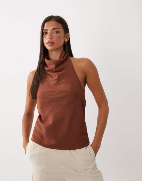ASOS DESIGN top d’ensemble en mélange de lin à col halter fluide couleur chocolat - view 1